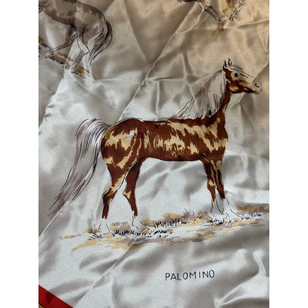 Vintage Horse Breeds Square Scarf Red White Equestrian Made in Japan 29x29